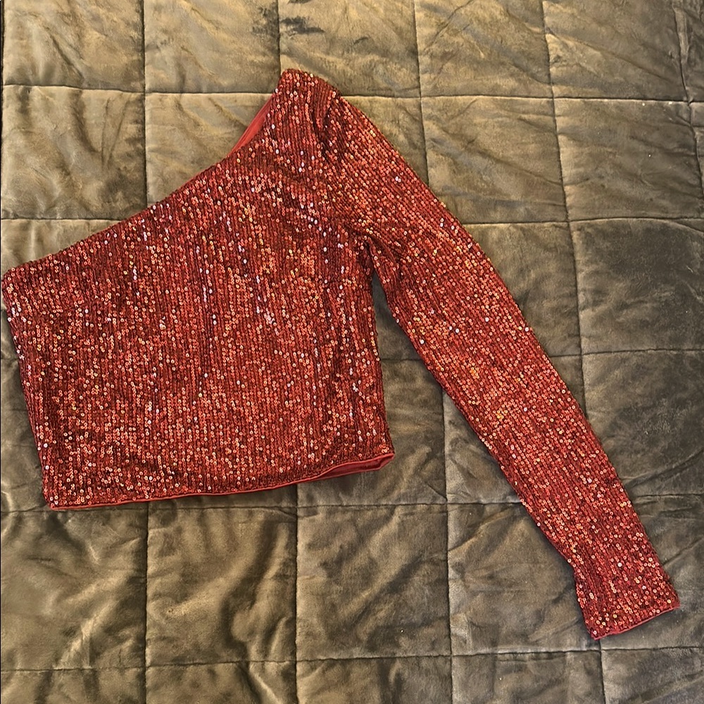 Burgundy Sequin One-Shoulder Top